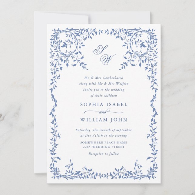 Elegant French Ornate Floral Frame Wedding QR code Invitation (Front)