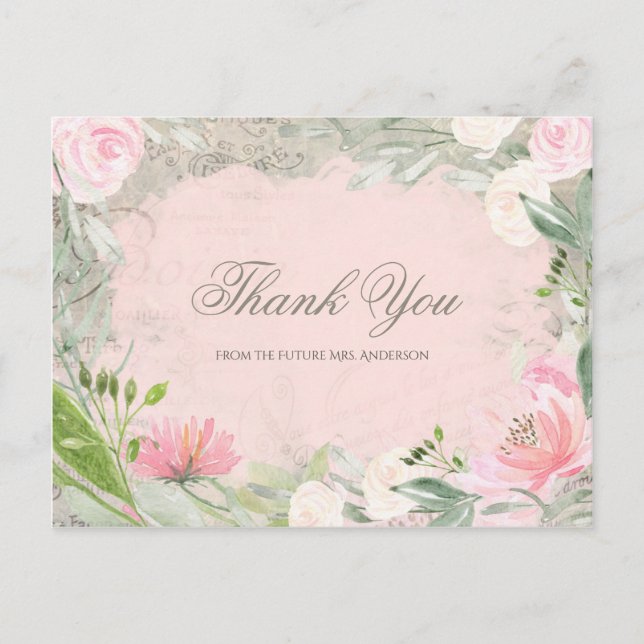 Elegant French Pink Floral Bridal Shower Thank You Postcard (Front)