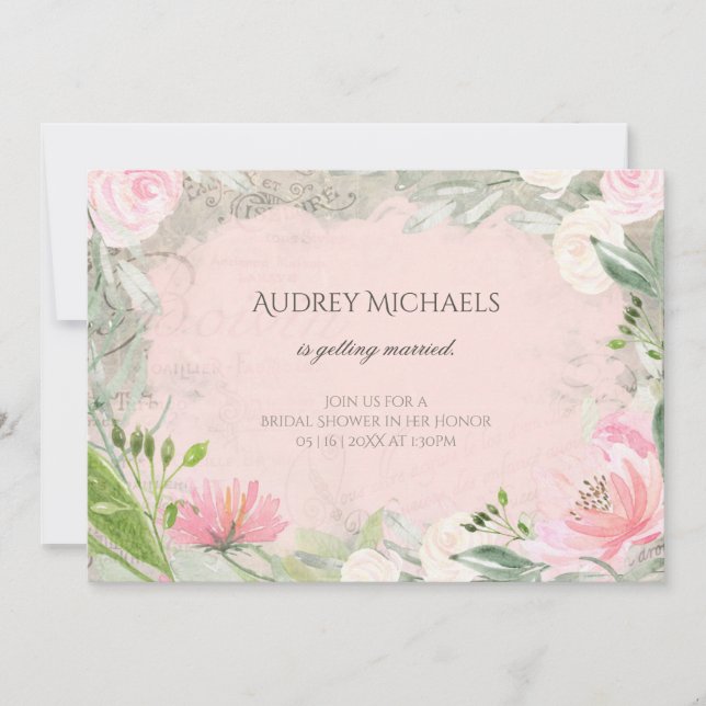 Elegant French Pink Floral Romantic Bridal Shower Invitation (Front)
