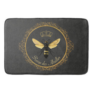 Elegant French Queen Bee Grey Gold Yellow Bath Mat