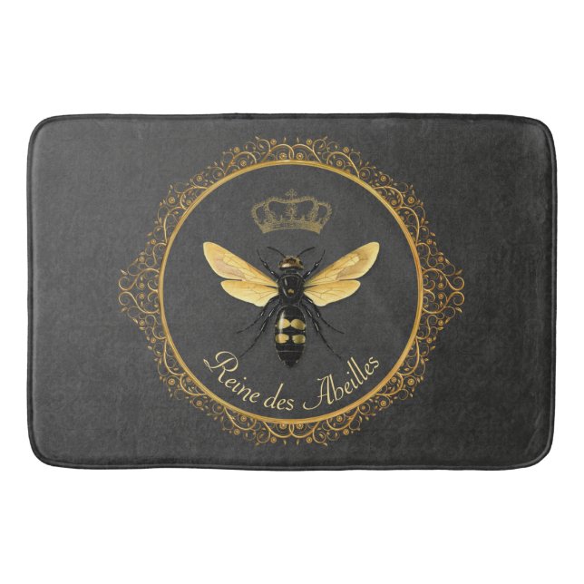 Elegant French Queen Bee Grey Gold Yellow Bath Mat (Front)