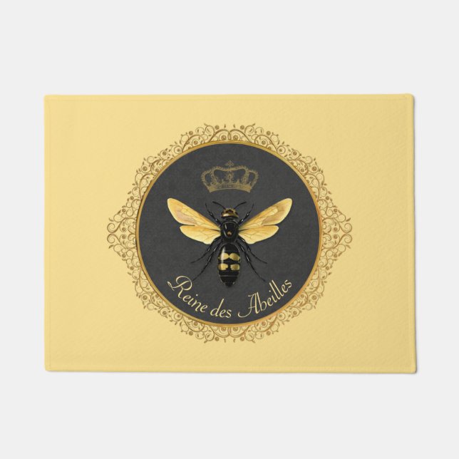 Elegant French Queen Bee Grey Gold Yellow Doormat (Front)