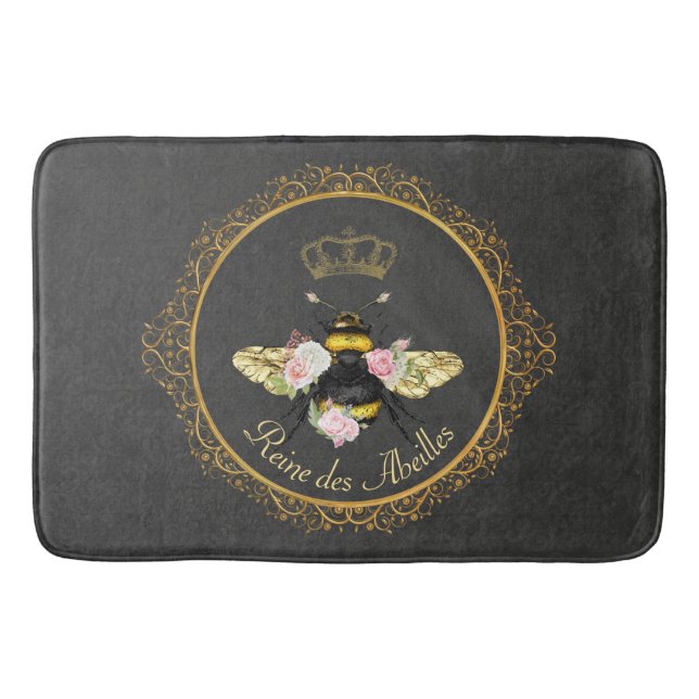 Elegant French Queen Bee Pink Roses Grey Gold  Bath Mat (Front)