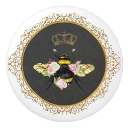Elegant French Queen Bee Pink Roses Grey Gold Ceramic Knob