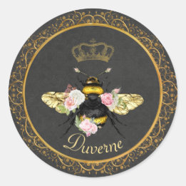 Elegant French Queen Bee Pink Roses Grey Gold Classic Round Sticker
