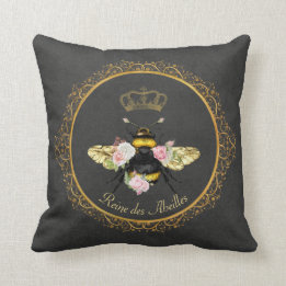 Elegant French Queen Bee Pink Roses Grey Gold Cushion