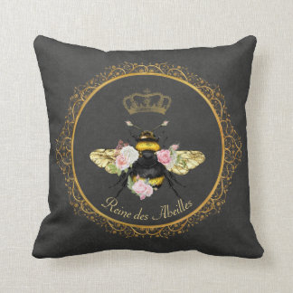 Elegant French Queen Bee Pink Roses Grey Gold Cushion