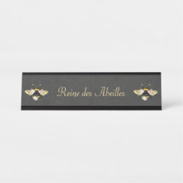 Elegant French Queen Bee Pink Roses Grey Gold Desk Name Plate