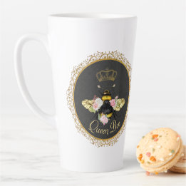 Elegant French Queen Bee Pink Roses Grey Gold Latte Mug