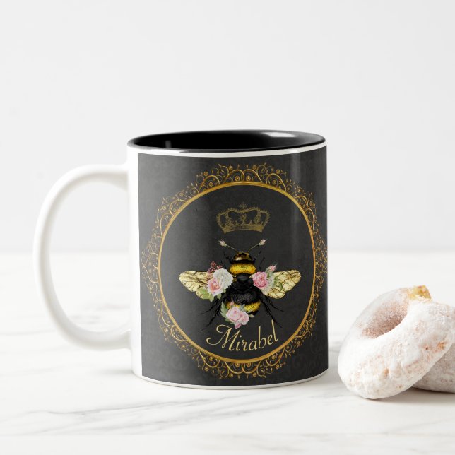Elegant French Queen Bee Pink Roses Grey Gold  Two-Tone Coffee Mug (With Donut)