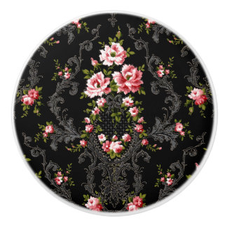 Elegant French Rococo Floral-Black Background  Ceramic Knob
