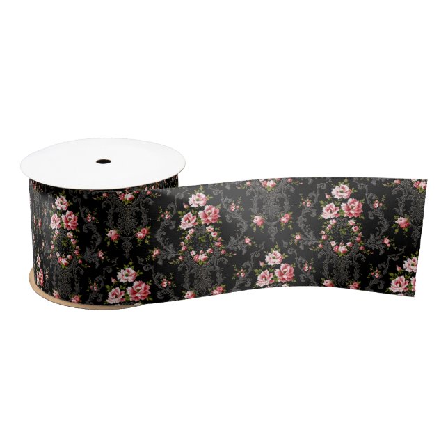 Elegant French Rococo Floral-Black Background  Satin Ribbon (Spool)