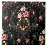 Elegant French Rococo Floral-Black Background Tile<br><div class="desc">Elegant, romantic and ornate vintage French Rococo style seamless floral featuring pink roses and decorative silver scrollwork on black background.</div>