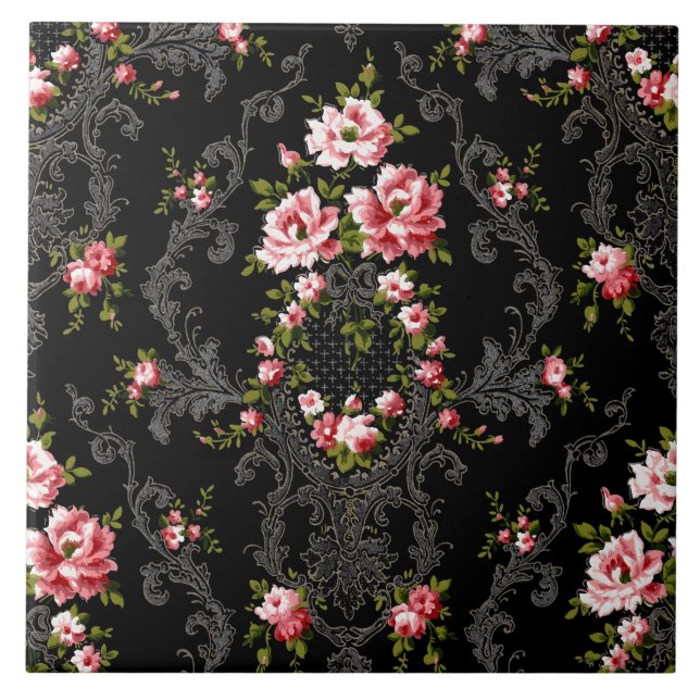 Elegant French Rococo Floral-Black Background  Tile (Front)