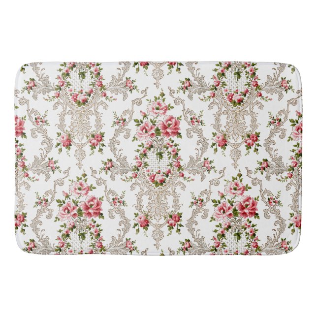 Elegant French Rococo Floral-White Background Bath Mat (Front)