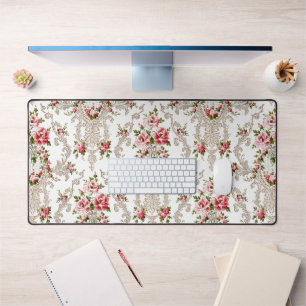 Elegant French Rococo Floral-White Background Desk Mat