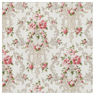 Elegant French Rococo Floral-White Background Fabric