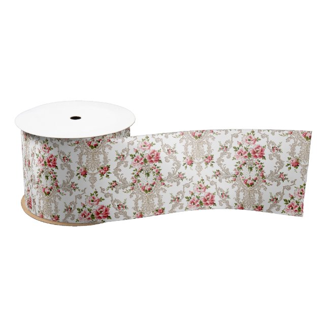 Elegant French Rococo Floral-White Background Satin Ribbon (Spool)