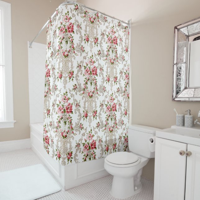 Elegant French Rococo Floral-White Background Shower Curtain (In Situ)