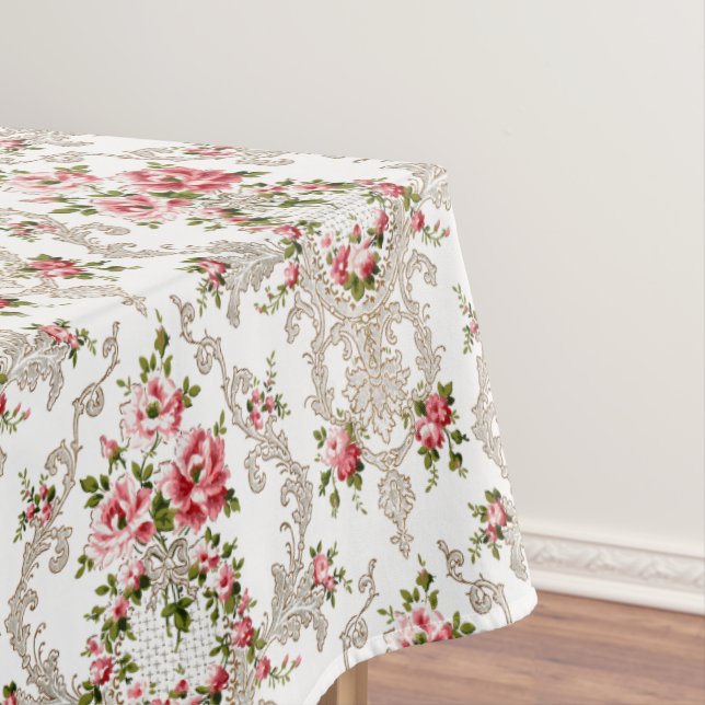 Elegant French Rococo Floral-White Background Tablecloth (In Situ)