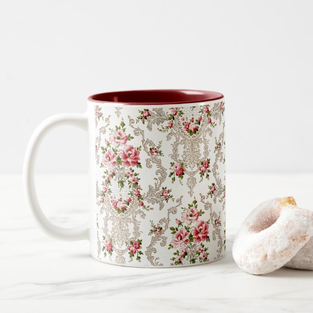 Elegant French Rococo Floral-White Background Two-Tone Coffee Mug (With Donut)