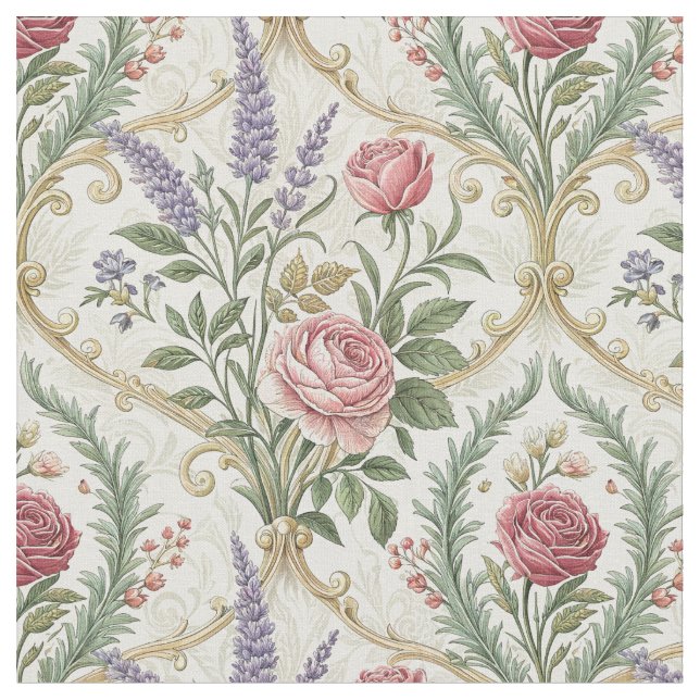 Elegant French Rose & Lavender Floral Pattern Art Fabric (Close Up)