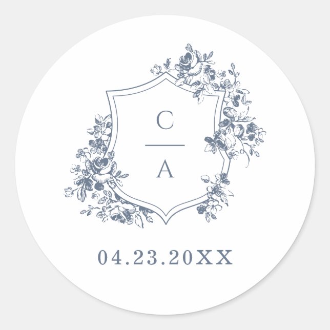 Elegant French Roses Blue Botanical Crest Envelope Classic Round Sticker (Front)