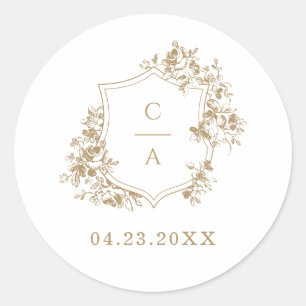 Elegant French Roses Botanical Crest Envelope Classic Round Sticker