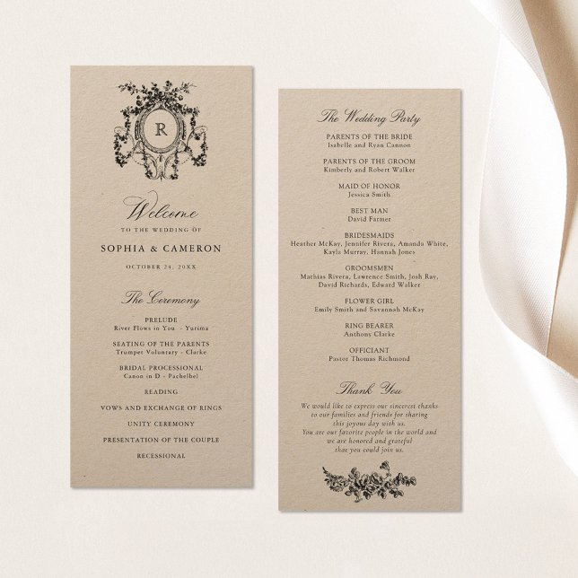 Elegant French Roses Crest Kraft Paper Wedding Programme (Creator Uploaded)