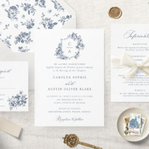 Elegant French Roses Floral Blue Crest Wedding Invitation