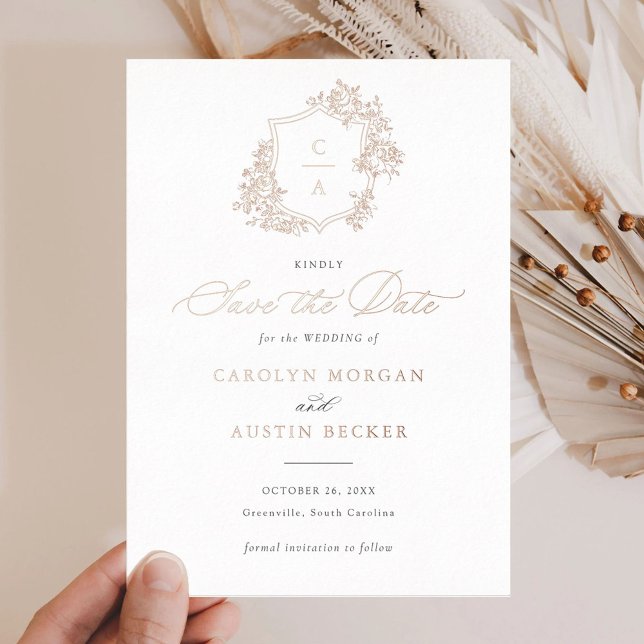 Elegant French Roses Floral Crest Save Date (Rose Gold Foil)