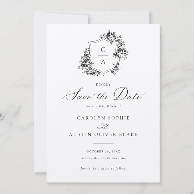 Elegant French Roses Floral Crest Save Date Card (Front)