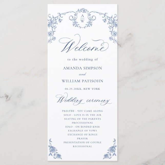 Elegant French Roses Garden Toile Wedding Ceremony Programme (Front)