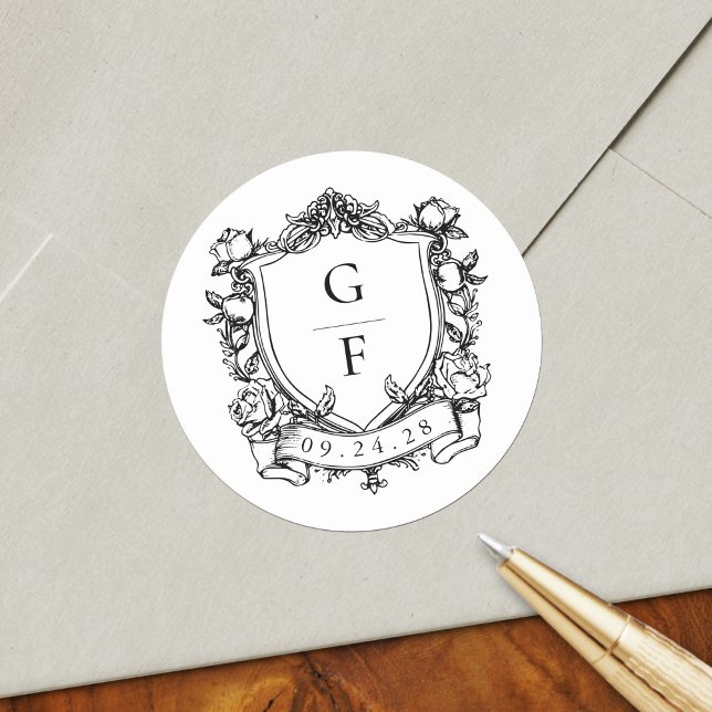 Elegant French Roses Monogram Crest Wedding Classic Round Sticker (Creator Uploaded)