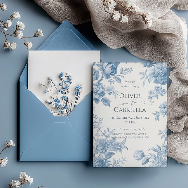 Elegant French toile Blue Floral Wedding Invitation (Creator Uploaded)
