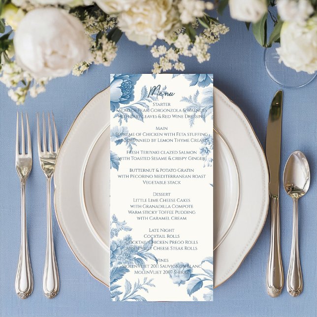 Elegant French toile Blue Floral Wedding Menu (Creator Uploaded)