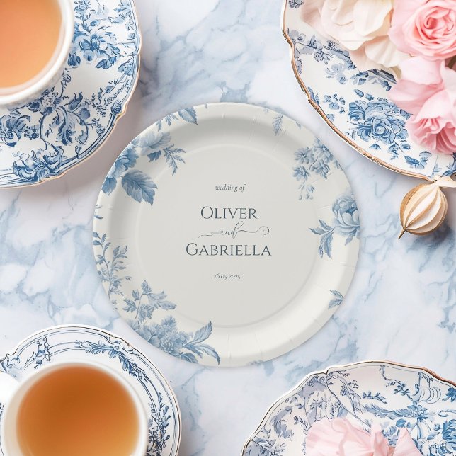 Elegant French toile Blue Floral Wedding Paper Plate (Creator Uploaded)