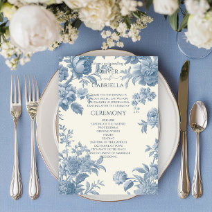Elegant French toile Blue Floral Wedding Programme