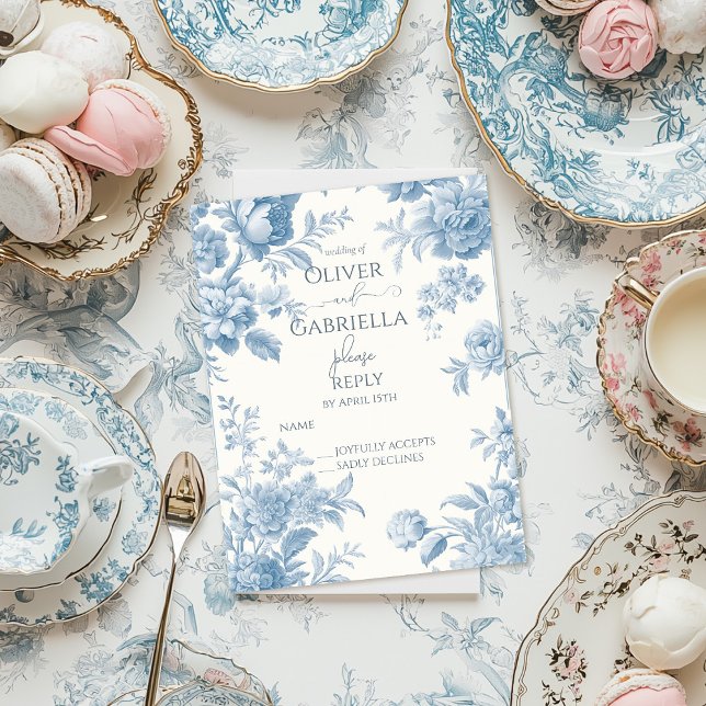Elegant French toile Blue Floral Wedding RSPV Invitation Postcard (Creator Uploaded)