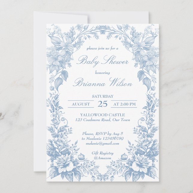 Elegant French toile chinoiserie blue baby shower Invitation (Front)