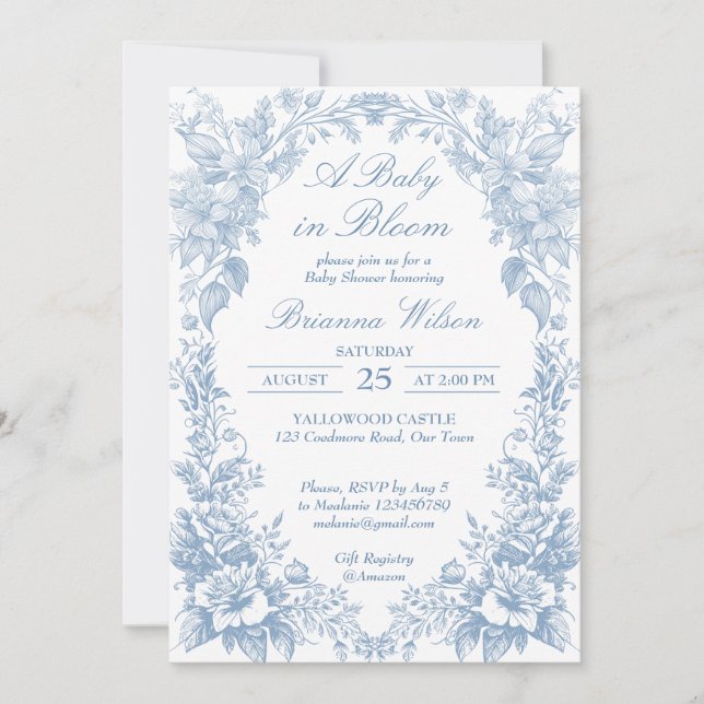 Elegant French toile chinoiserie blue baby shower Invitation (Front)