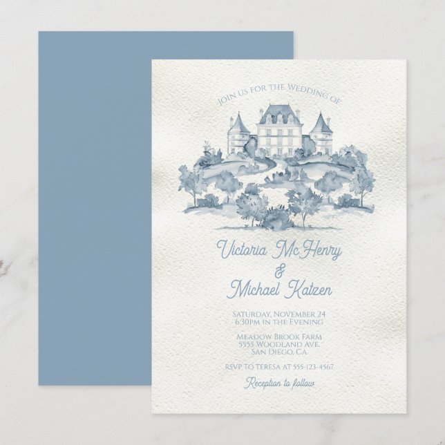 Elegant French Toile Floral chateau Wedding Invitation (Front/Back)