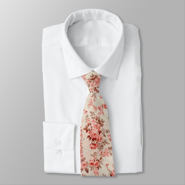 Elegant French Toile Pink Floral Pattern Tie (Tied)