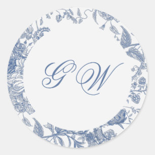 Elegant French Vintage Blue Floral Jouy Classic Round Sticker
