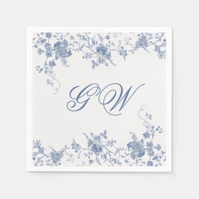 Elegant French Vintage Blue Floral Jouy Napkin (Front)