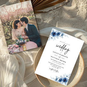 Elegant French Vintage Blue Floral Photo Wedding Invitation