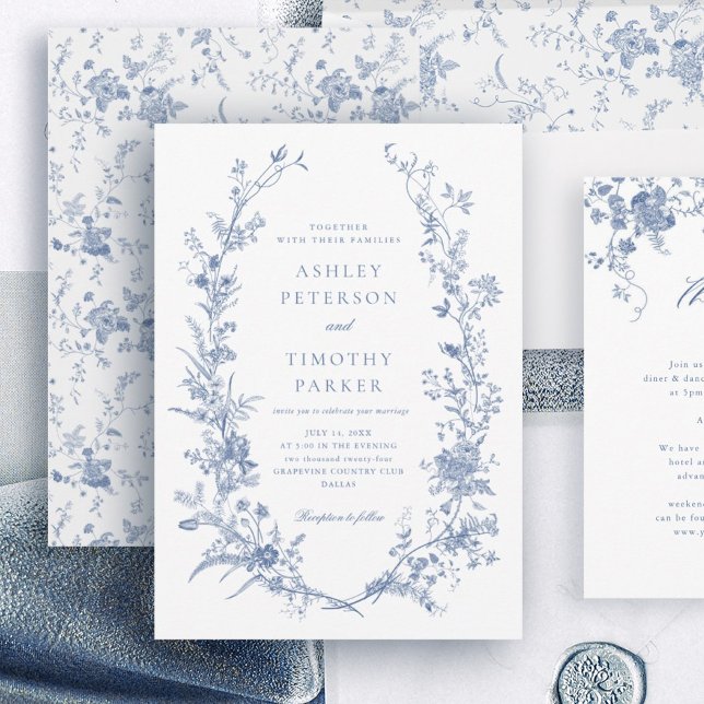 Elegant French Vintage Blue Floral Wedding Invitation (Creator Uploaded)