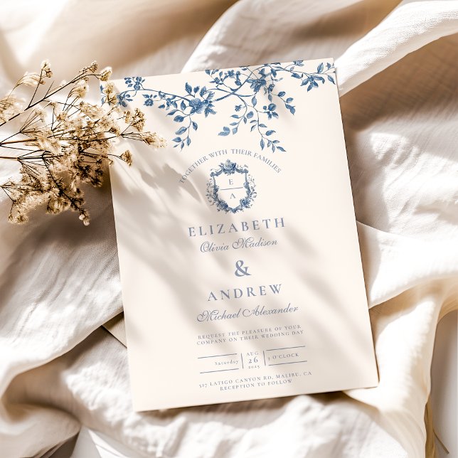 Elegant French Vintage Blue Floral Wedding Invitation (Creator Uploaded)