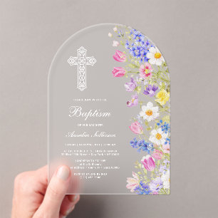 Elegant Fresh Meadow Flowers Arch Baptism Acrylic Invitations