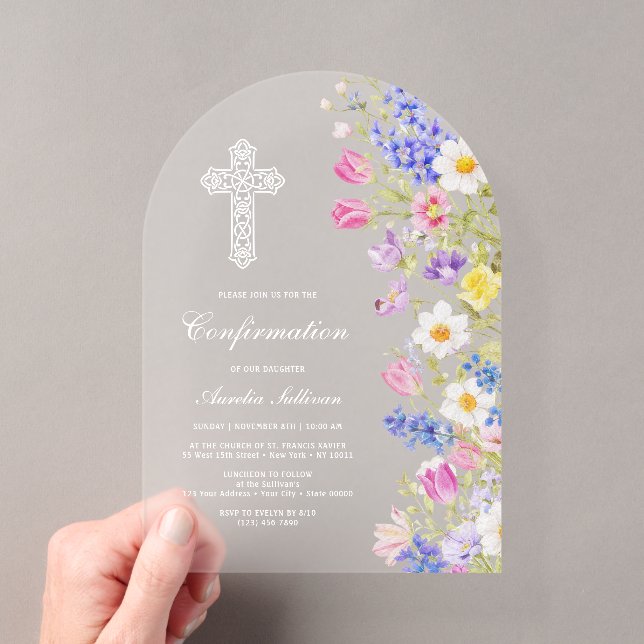 Elegant Fresh Meadow Flowers Arch Confirmation Acrylic Invitations (Insitu (Handheld))